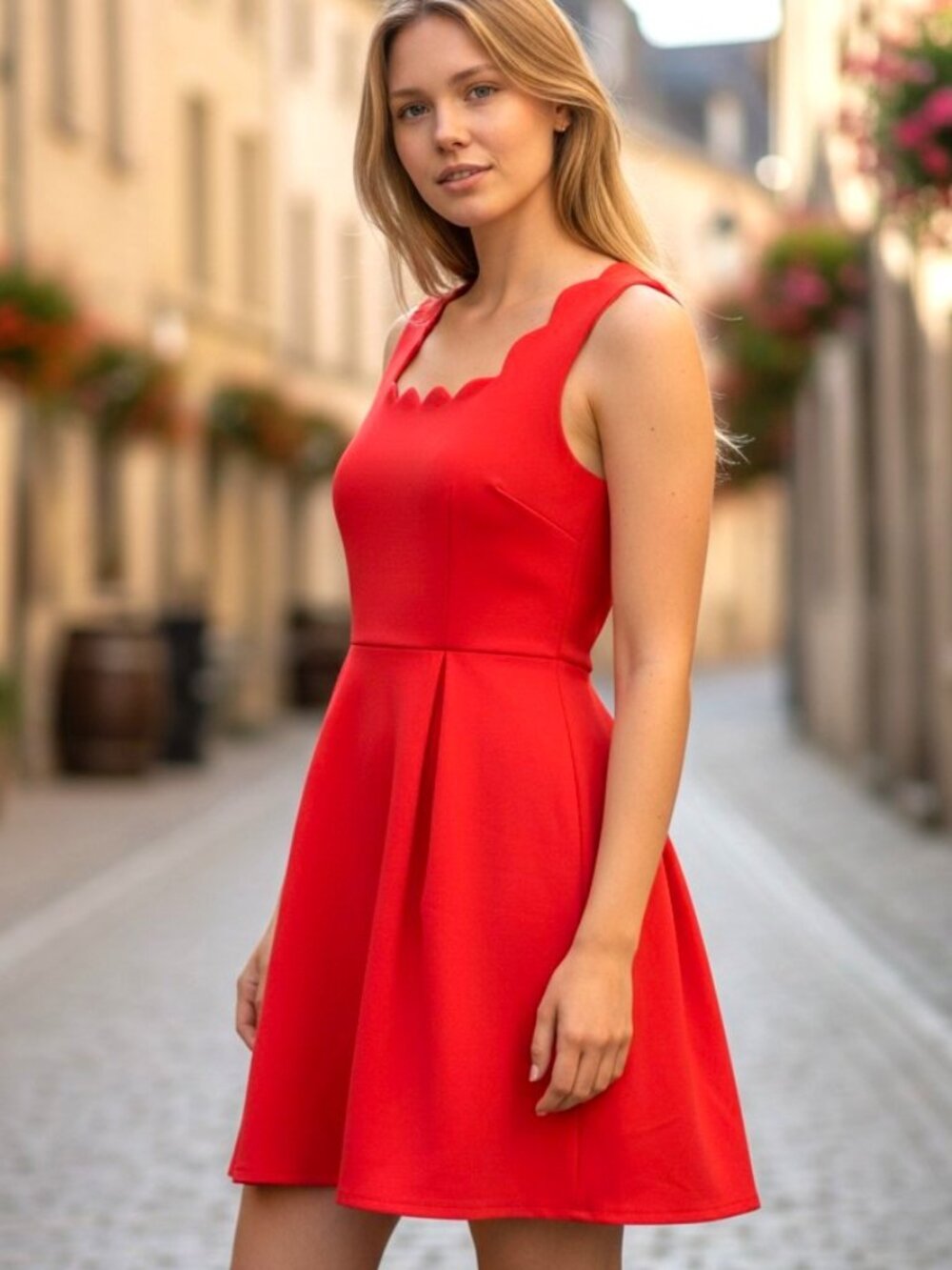 Vibrant Banjul Coral Red Scallop Edge Sleeveless Knee Length Dress Size L NWT